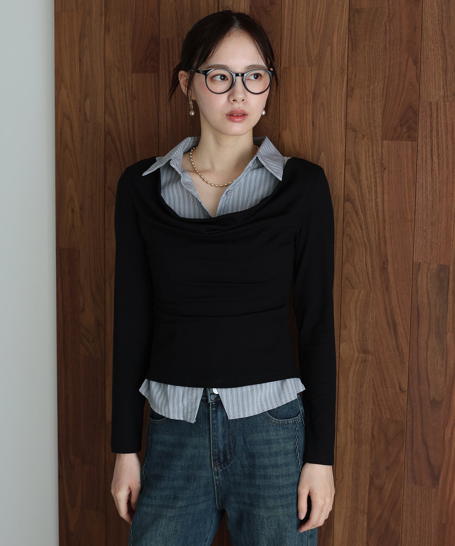 シャツレイヤードドレープトップス【ネコポス】