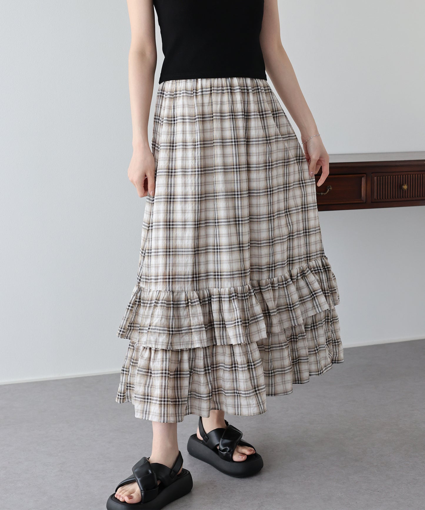 【早割5％OFF】ティアードチェックスカート