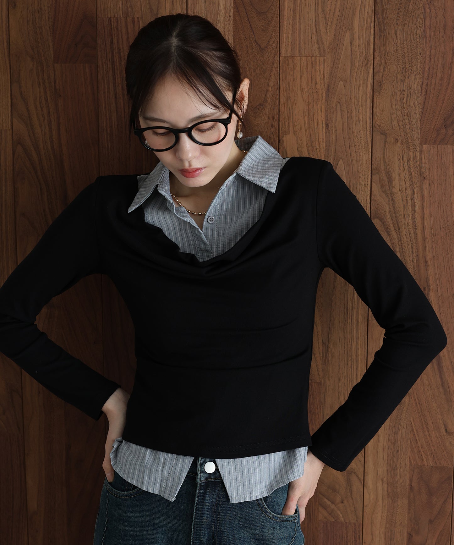 シャツレイヤードドレープトップス【ネコポス】