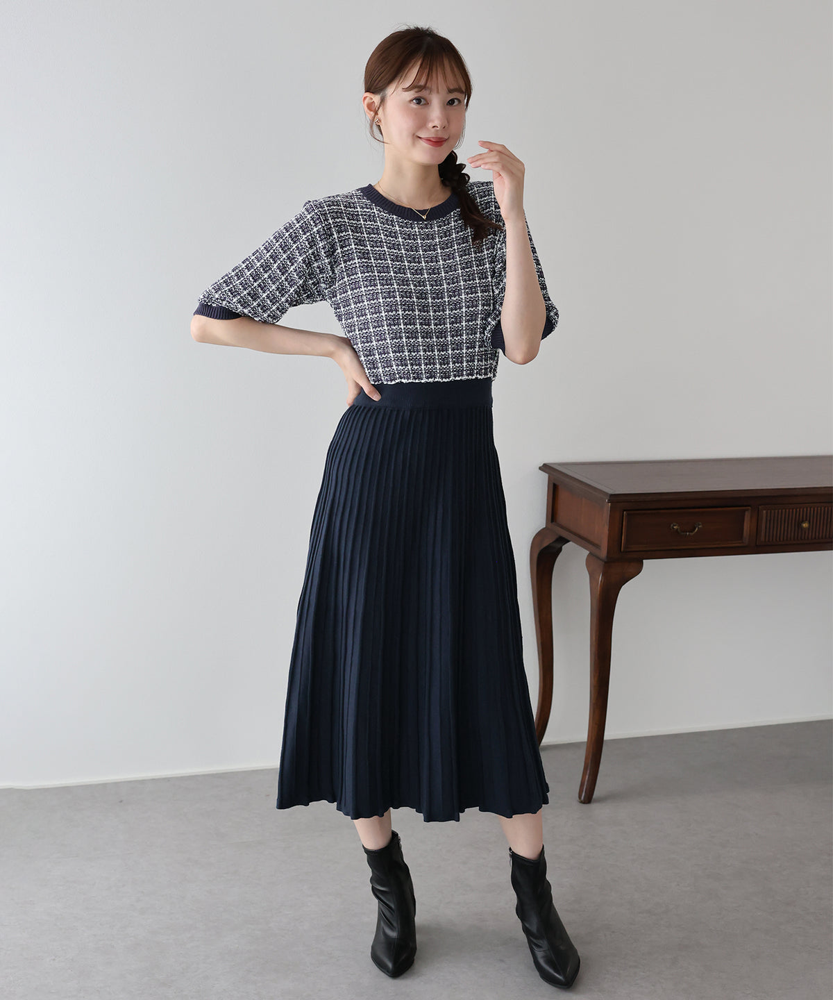【早割5％OFF】ツイードドッキングニットワンピース