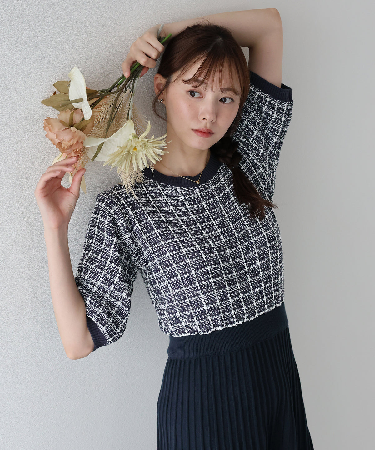 【早割5％OFF】ツイードドッキングニットワンピース