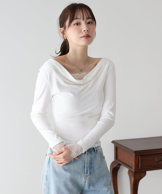 【早割5％OFF】レースレイヤードドレープカットソー【ネコポス】