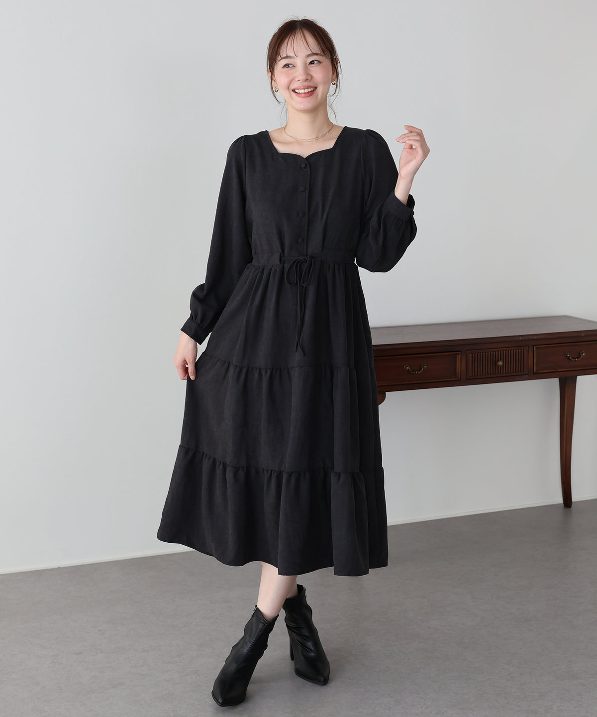 【早割5％OFF】《選べる着丈》ハートネックティアードワンピース