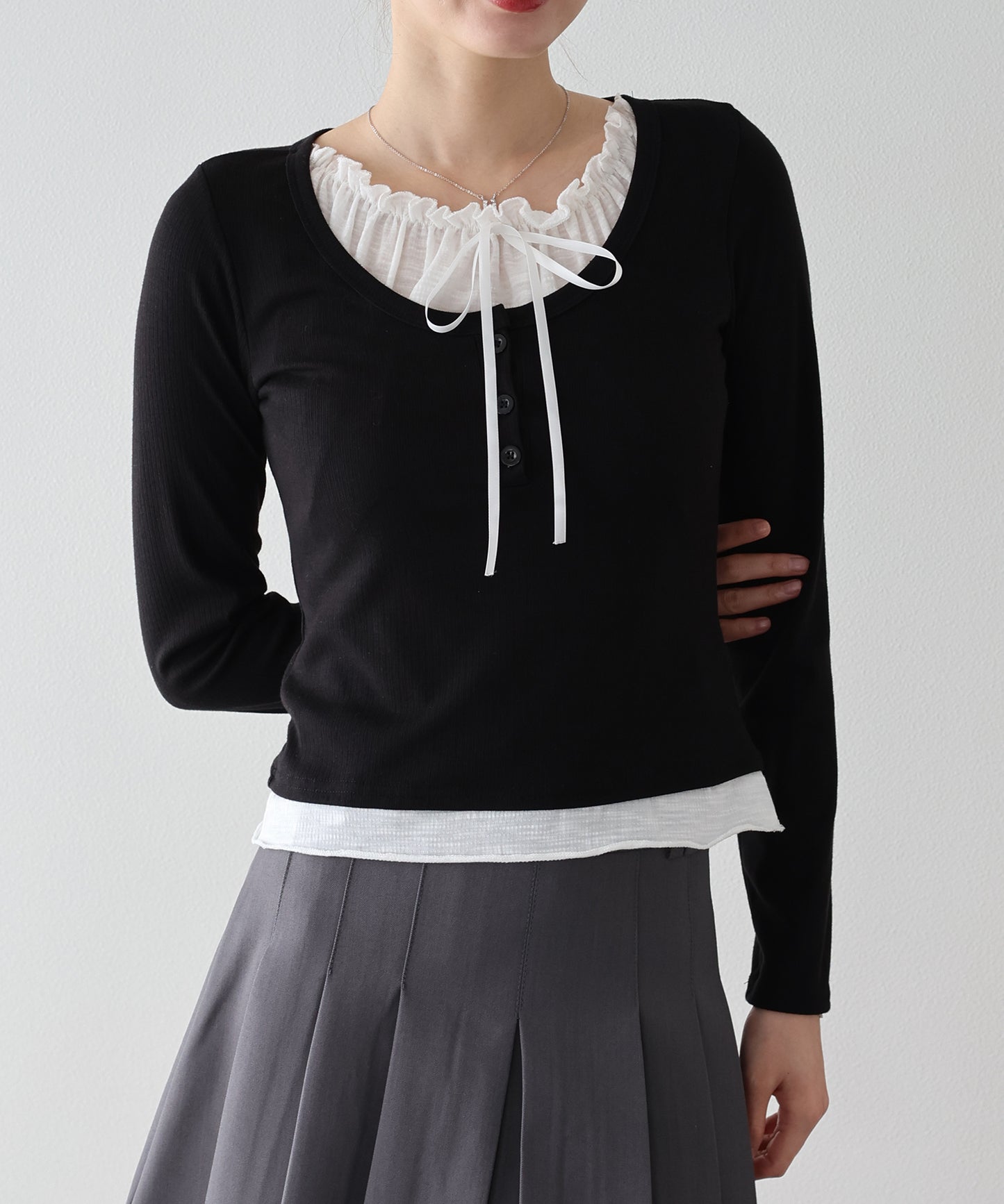 【早割5％OFF】ギャザーリボンレイヤードTシャツ【ネコポス】