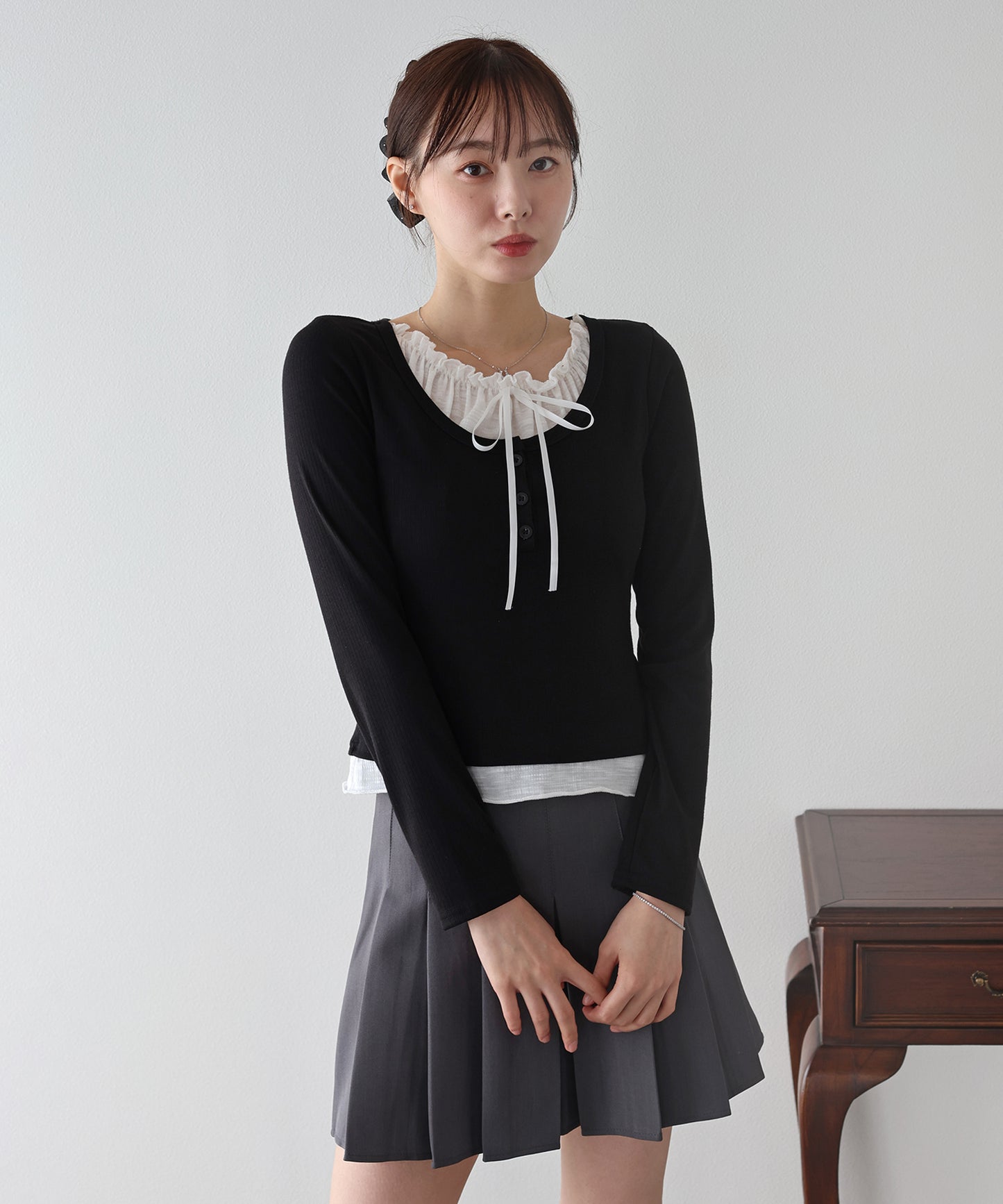 【早割5％OFF】ギャザーリボンレイヤードTシャツ【ネコポス】