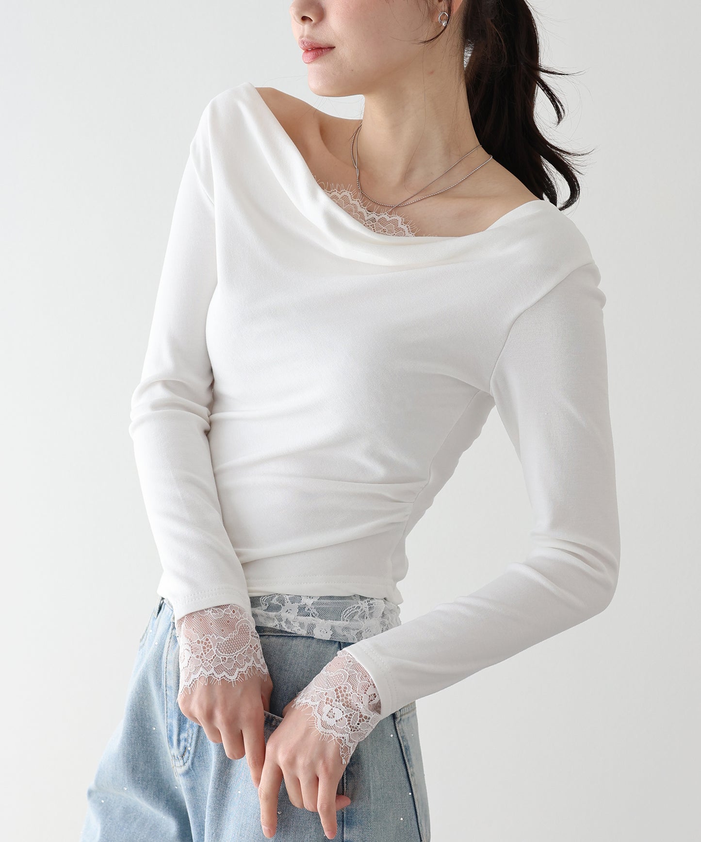 【早割5％OFF】レースレイヤードドレープカットソー【ネコポス】