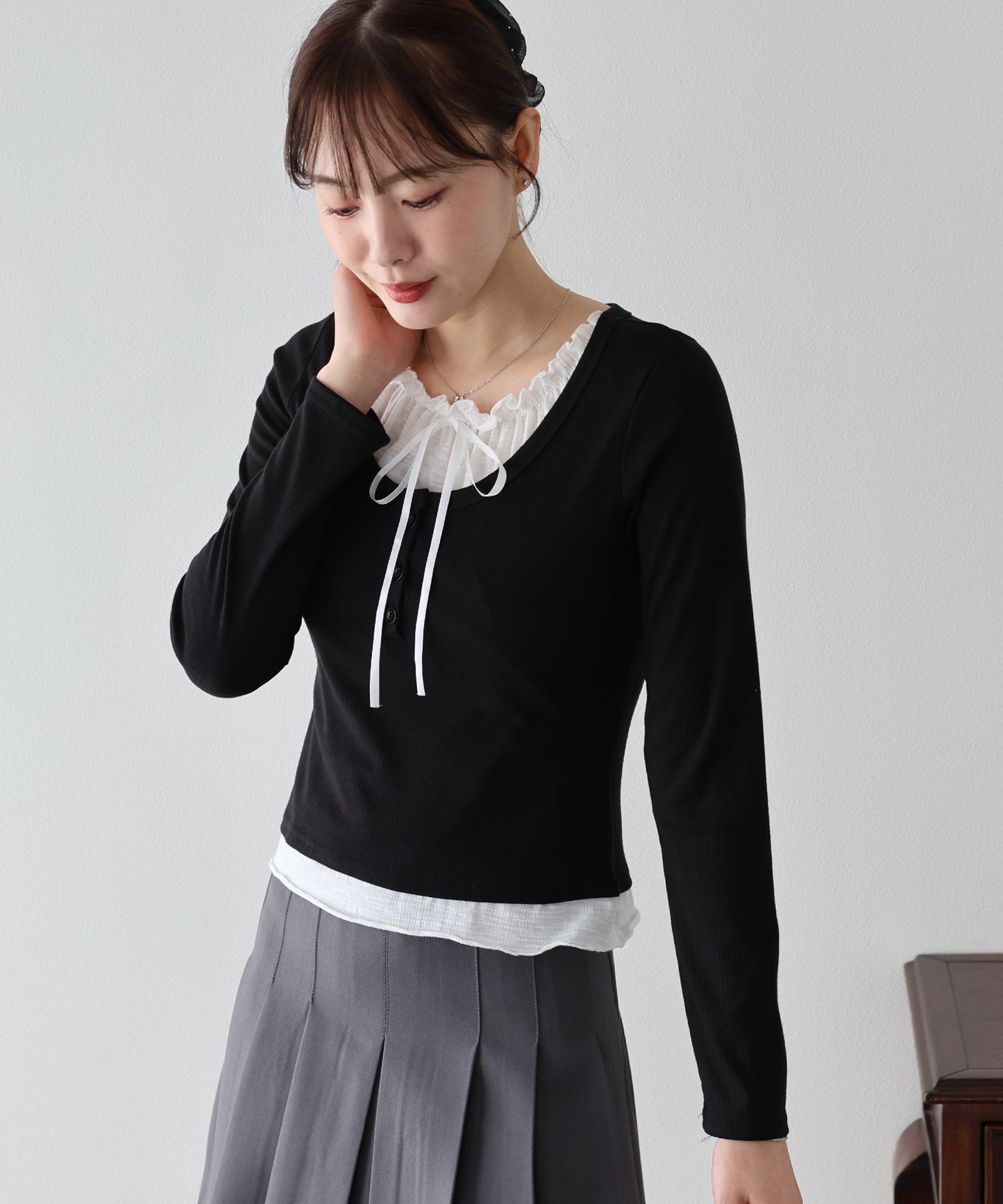 【早割5％OFF】ギャザーリボンレイヤードTシャツ【ネコポス】