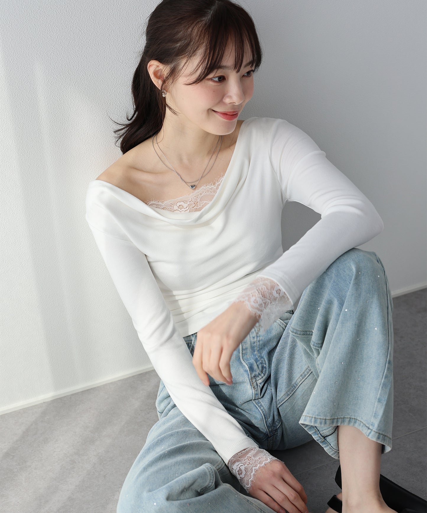 【早割5％OFF】レースレイヤードドレープカットソー【ネコポス】