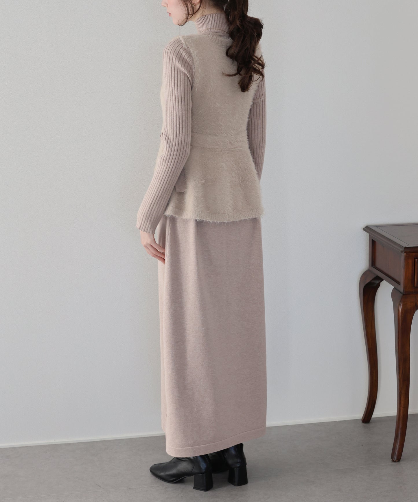 サイドリボンペプラムシャギーベスト＆ニットワンピース セット