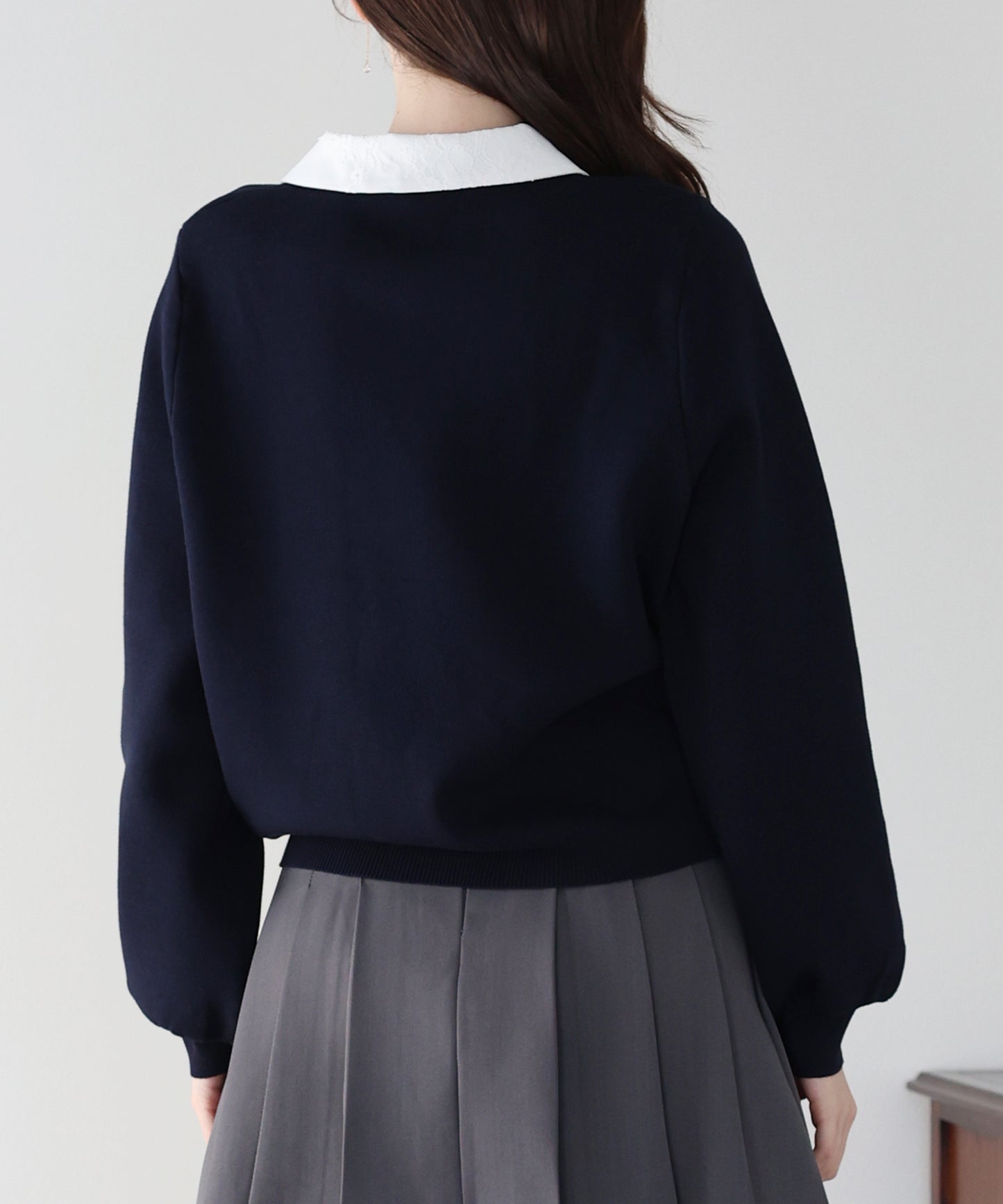 レース襟ニットカーディガン