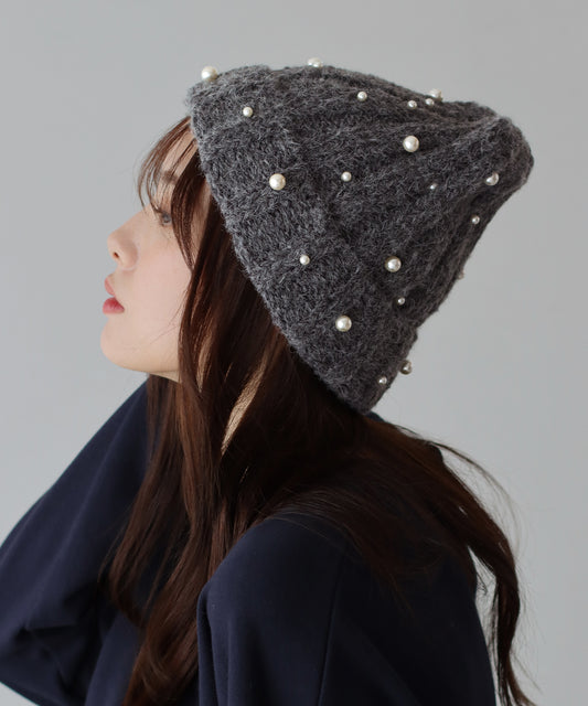 【SALE】パール付きリブニット帽