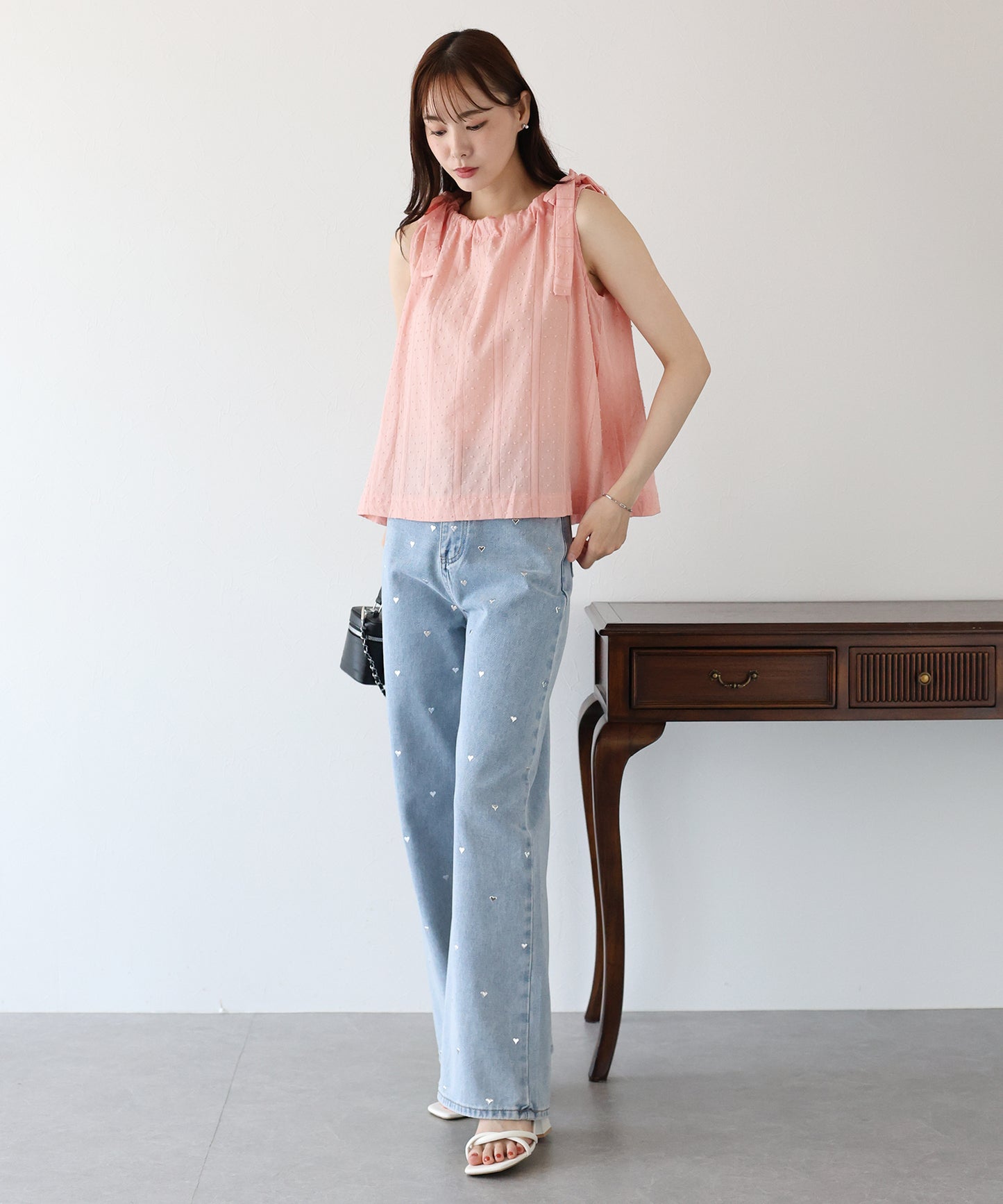 【SALE】ドットジャガードリボンブラウス