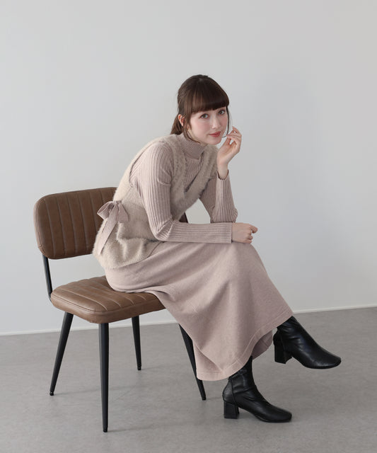 サイドリボンペプラムシャギーベスト＆ニットワンピース セット