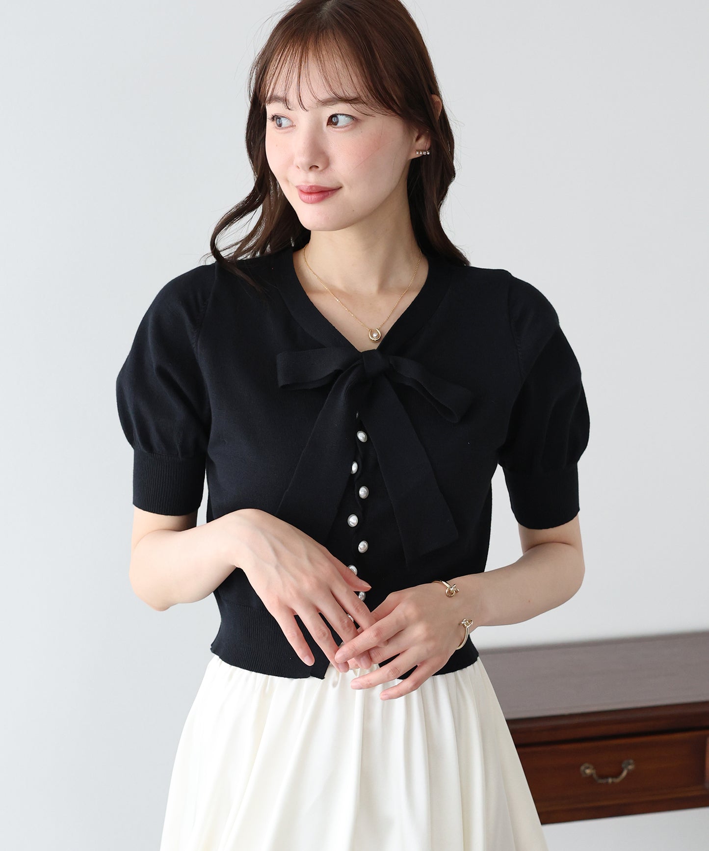 【早割5％OFF】パールボタンボウタイリボンニット