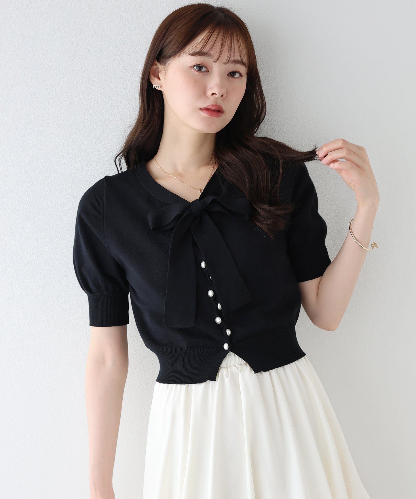 【早割5％OFF】パールボタンボウタイリボンニット