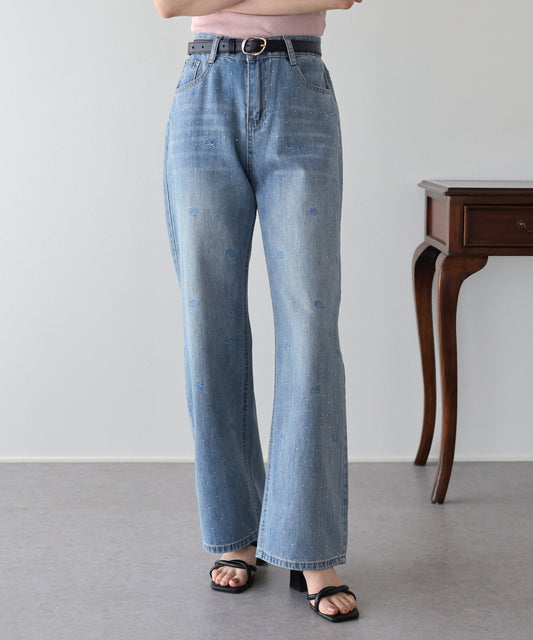 【早割5％OFF】ローズ刺繍デニムパンツ