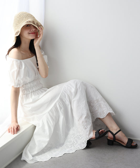 【早割5％OFF】コットンレースオフショルダーワンピース