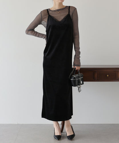 レース付ベロアキャミワンピース