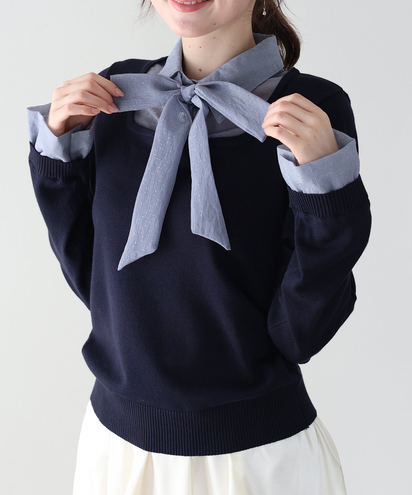 リボン付きシアーシャツドッキングスクエアニット