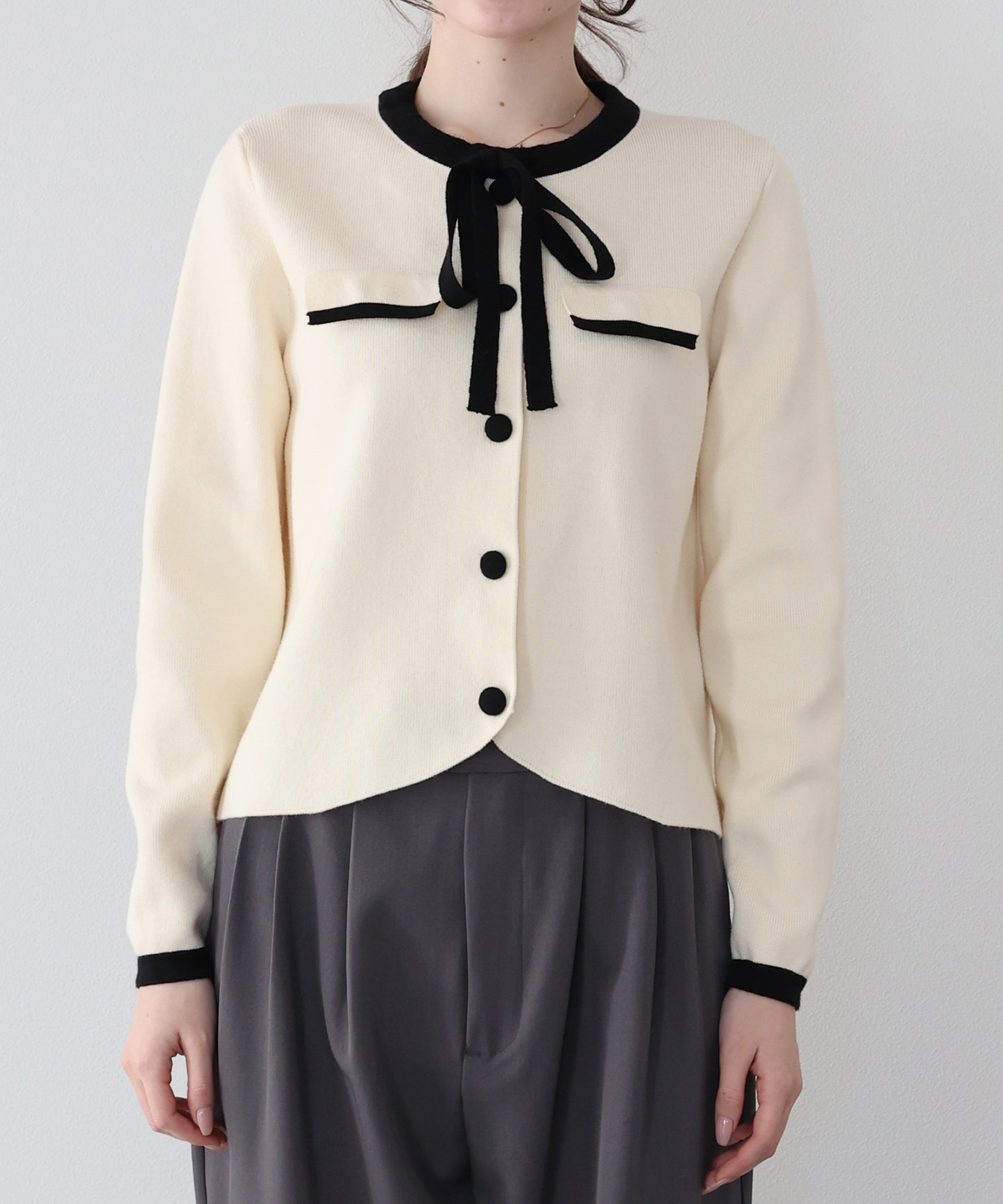 配色リボンカーディガン