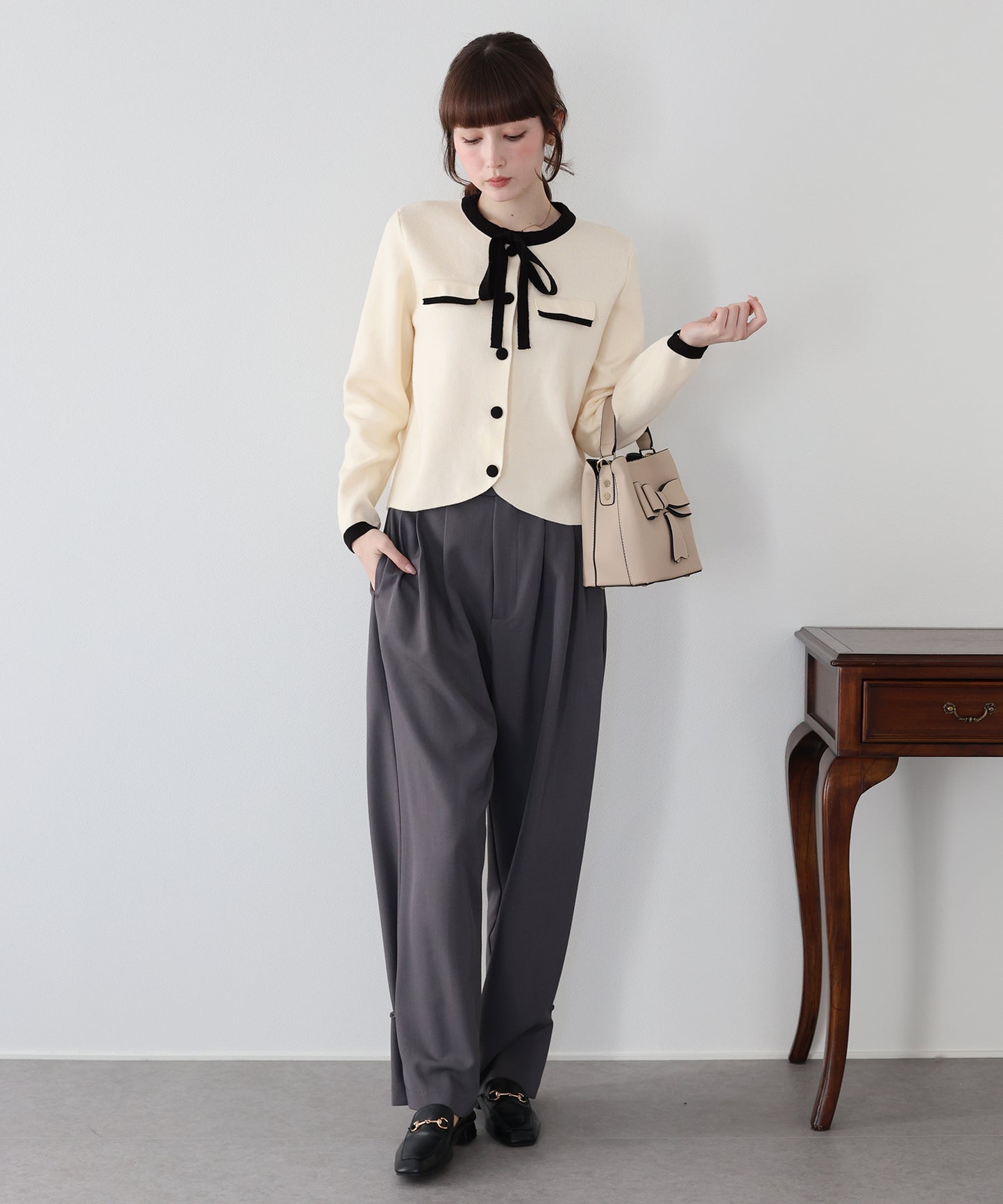 配色リボンカーディガン