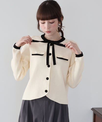 配色リボンカーディガン