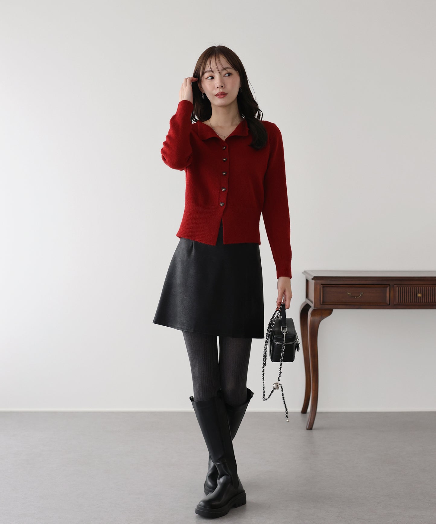 リボンハートボタンニット