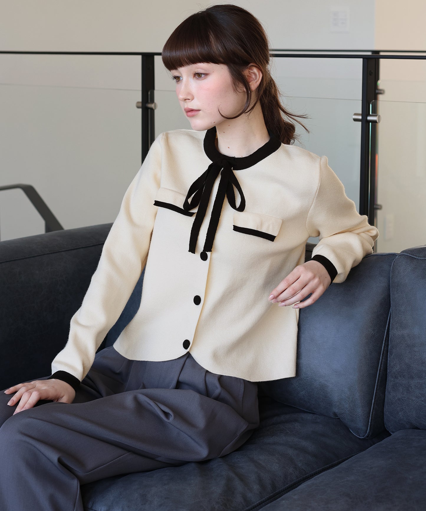 配色リボンカーディガン