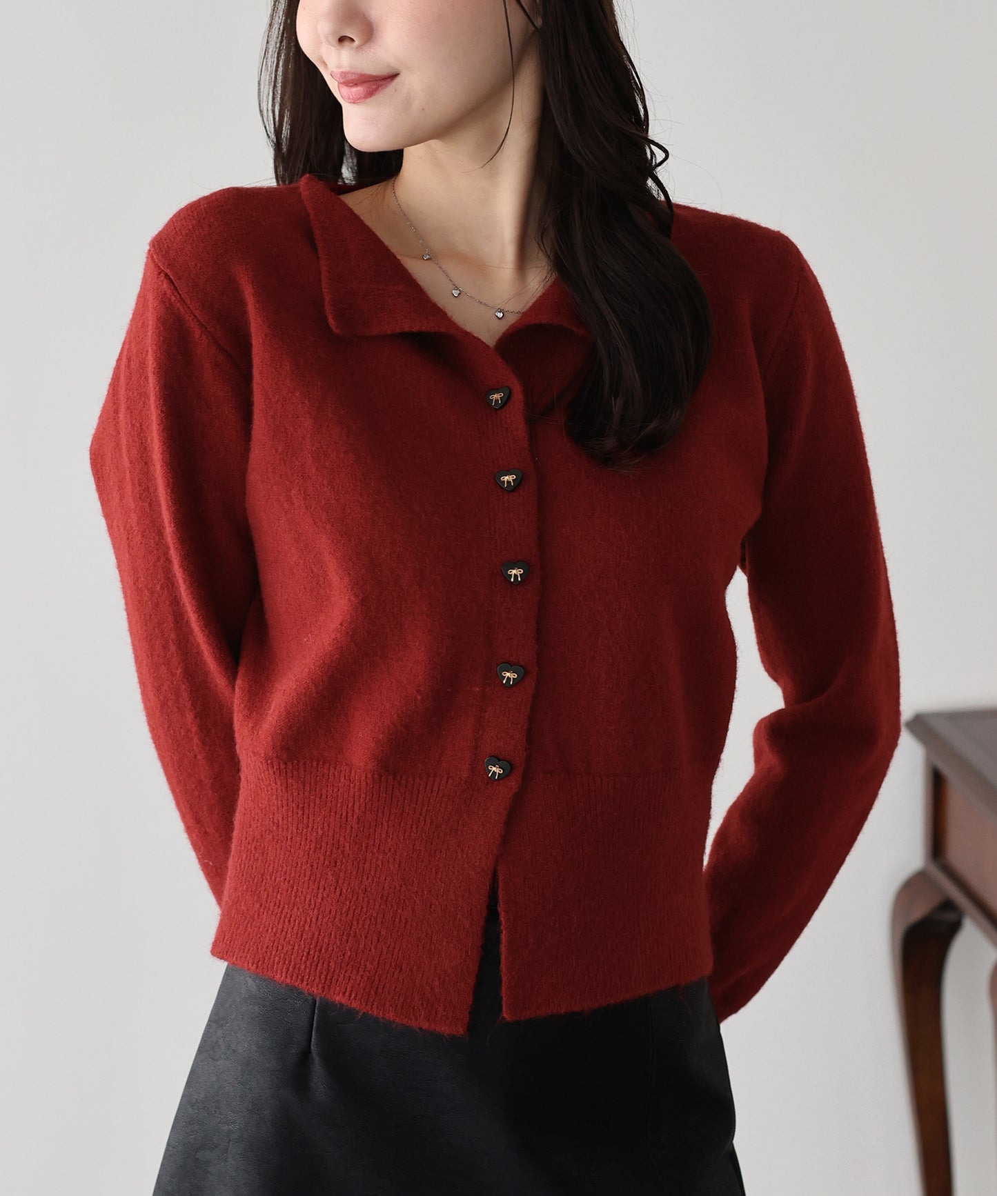 リボンハートボタンニット