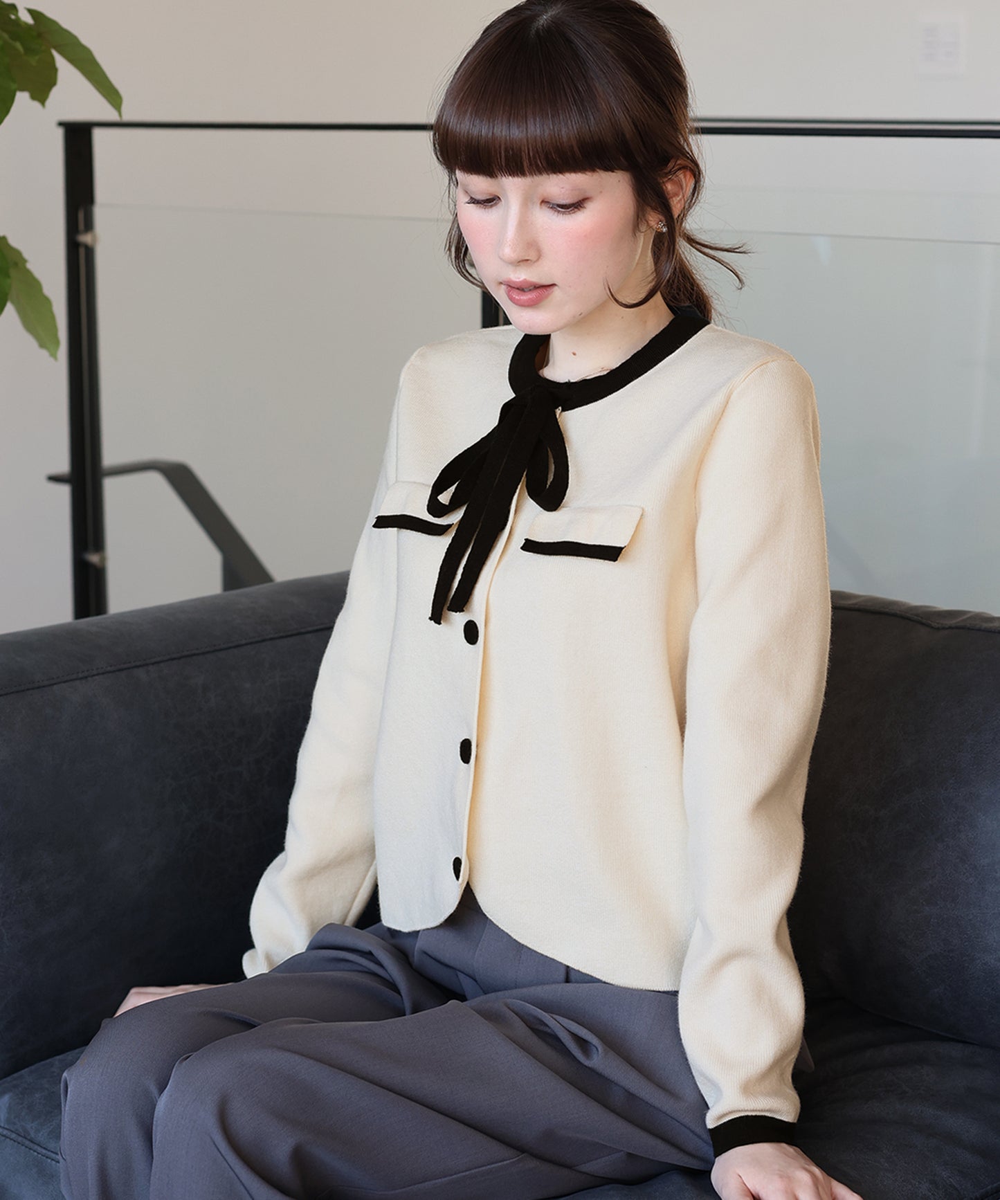 配色リボンカーディガン