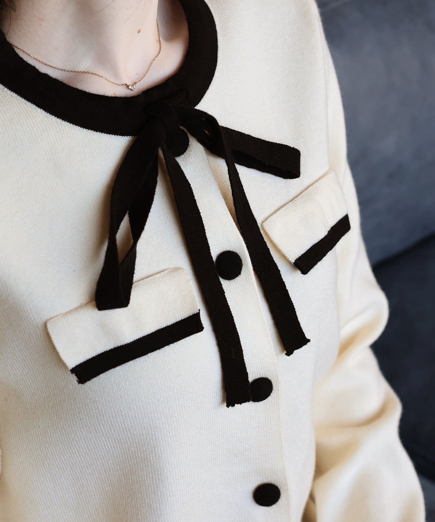 配色リボンカーディガン