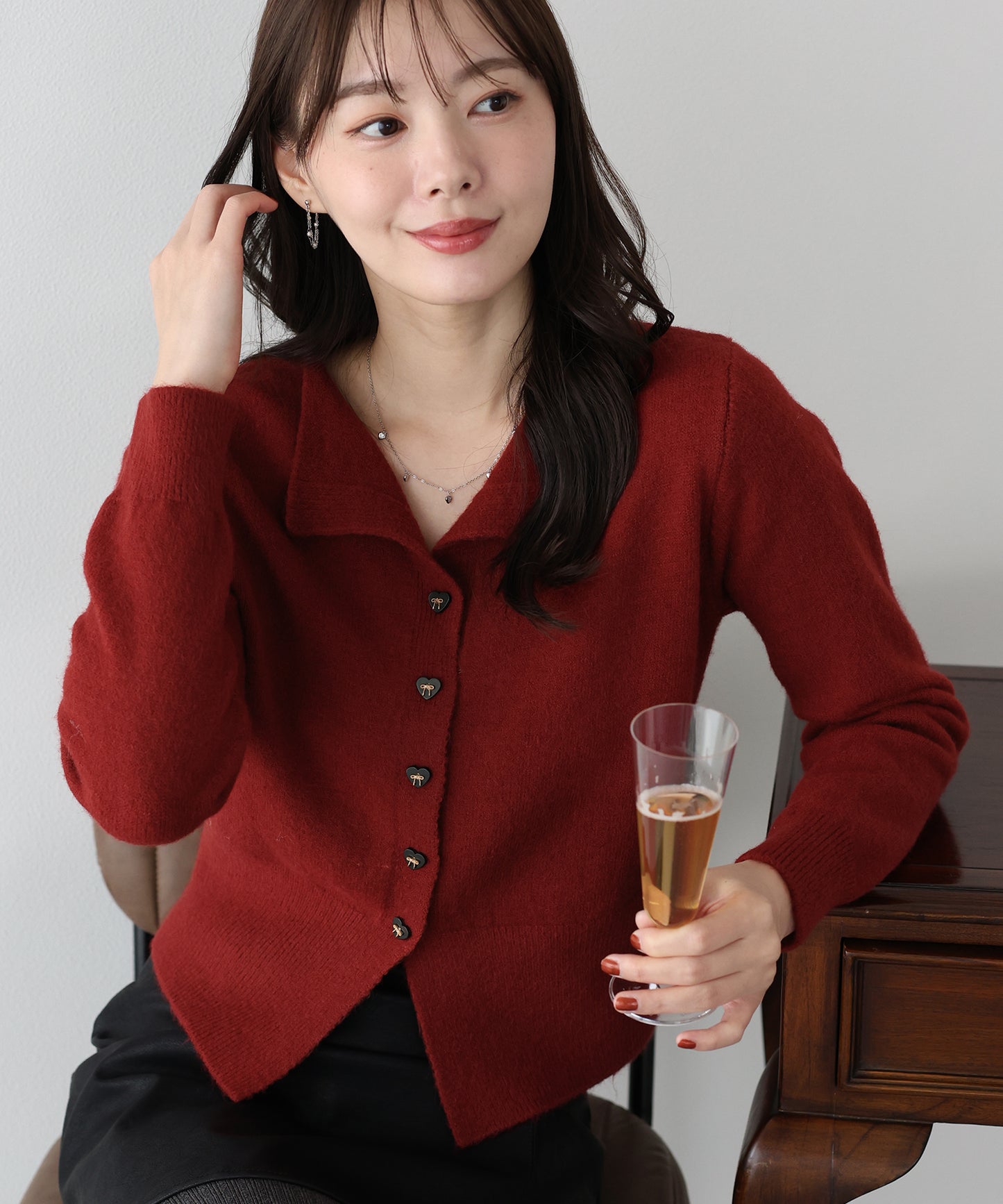 リボンハートボタンニット