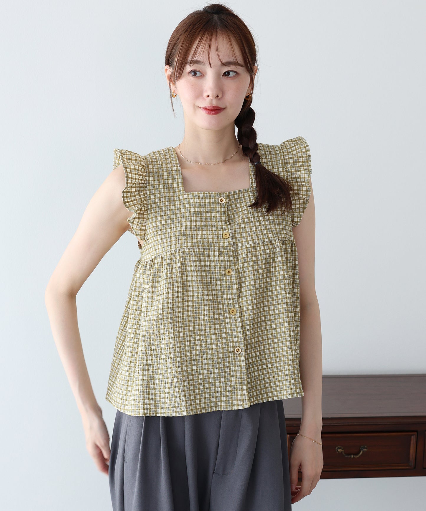 【早割5％OFF】スクエアネックチェックブラウス【メール便】
