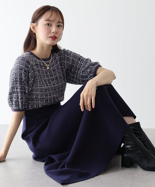 ツイード半袖ニットワンピース