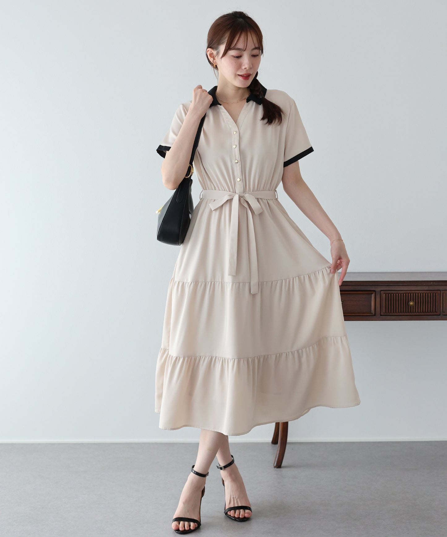 【早割5％OFF】バイカラースキッパーティアードワンピース