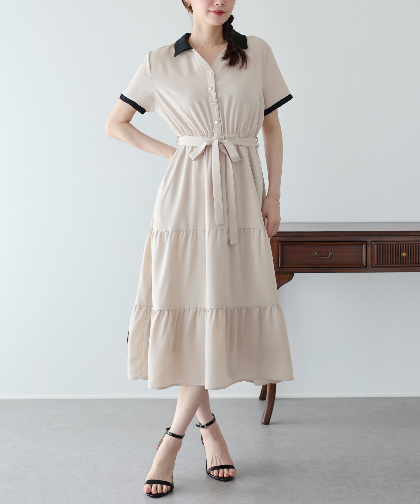 【早割5％OFF】バイカラースキッパーティアードワンピース