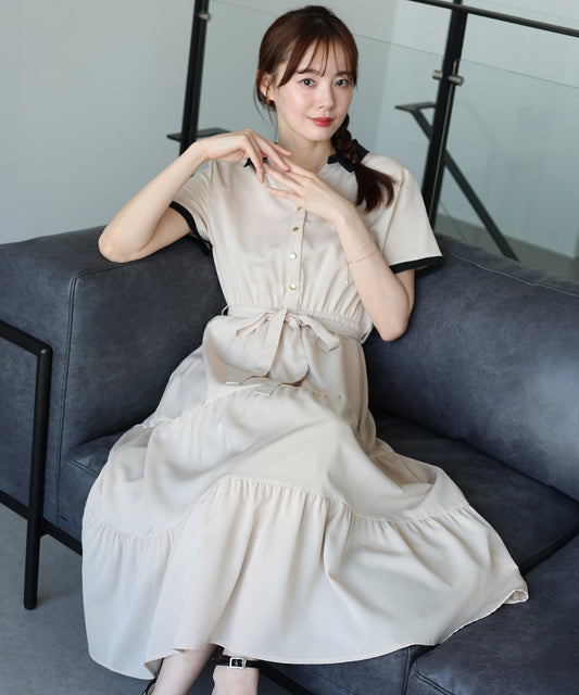 【早割5％OFF】バイカラースキッパーティアードワンピース