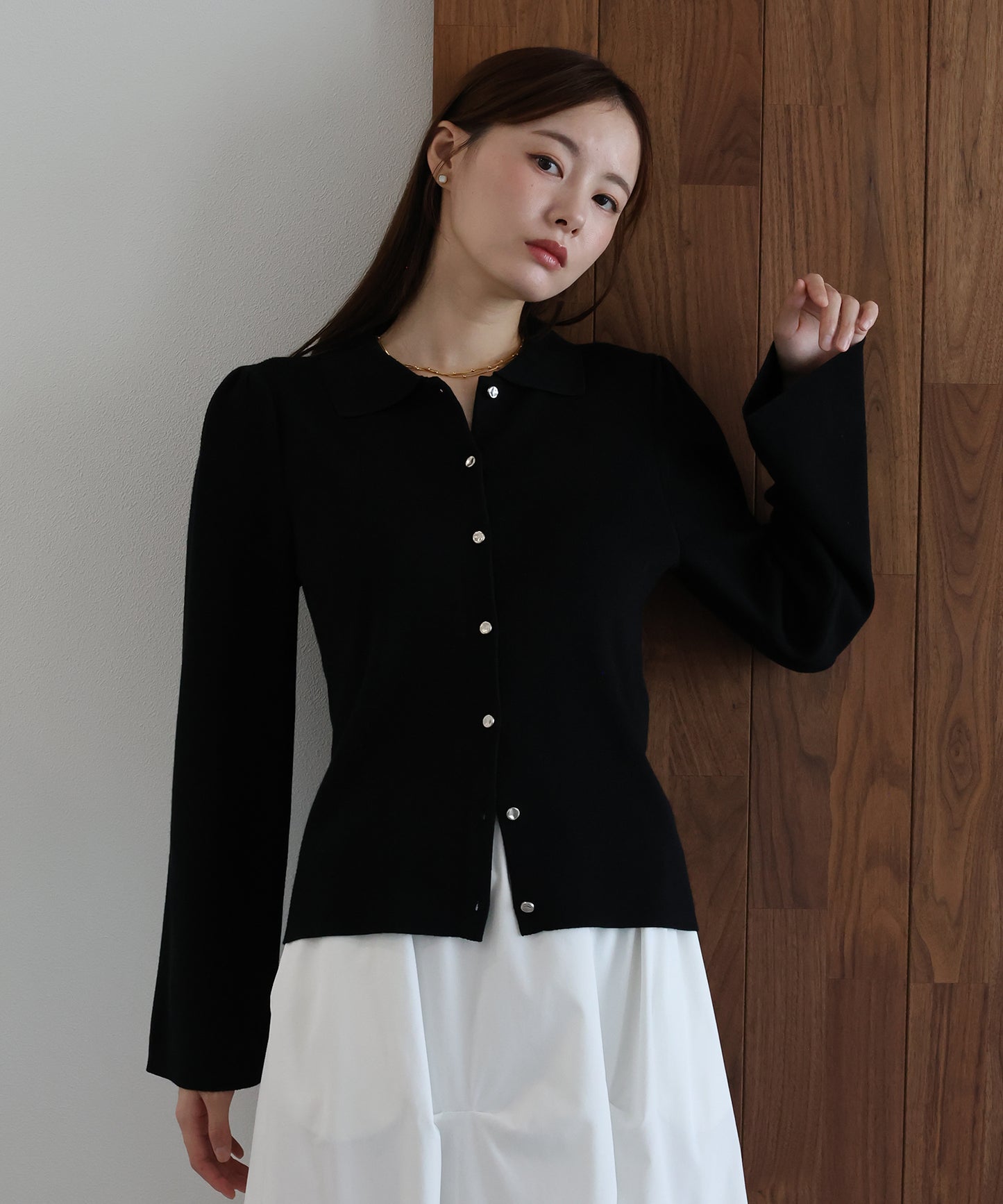 【早割5％OFF】ニュアンスボタンコンパクトポロカーディガン
