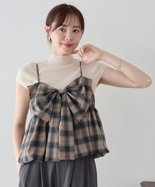 【早割5％OFF】オンブレチェックリボンバルーンビスチェ