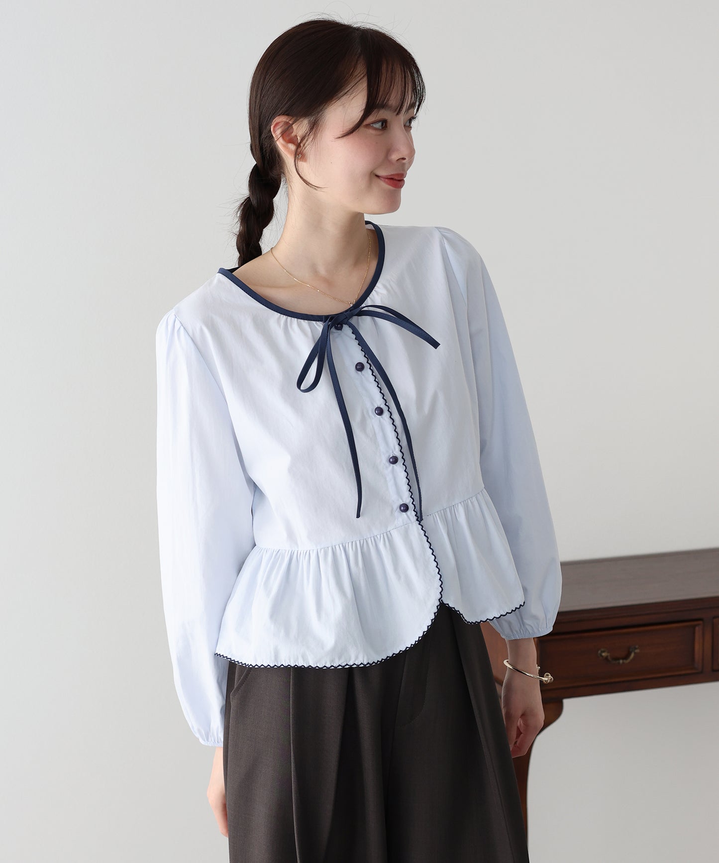 バイカラーリボンペプラムブラウス【ネコポス】