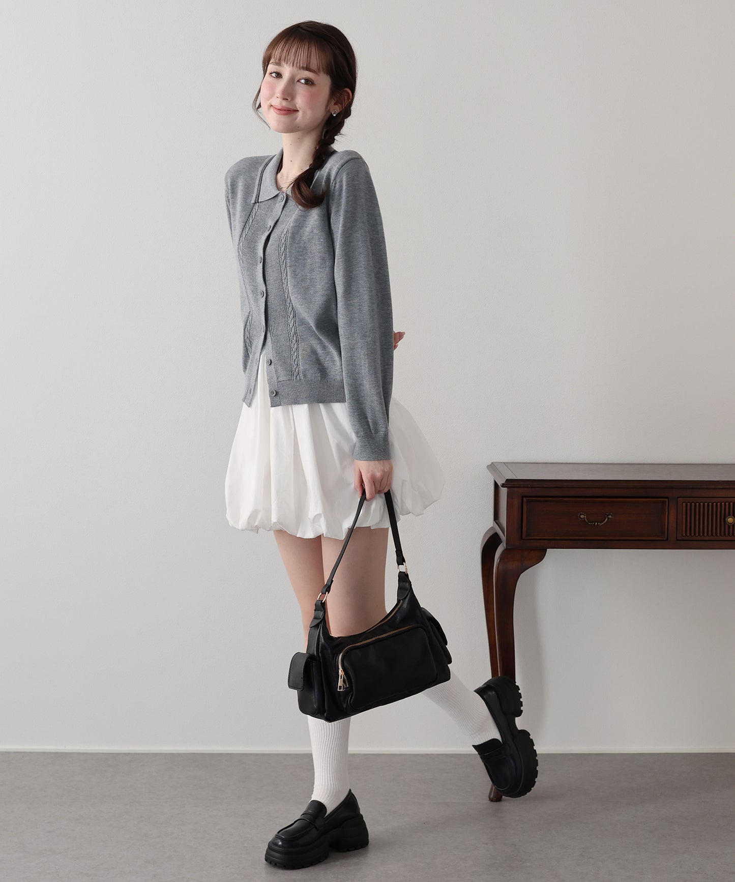 【早割5％OFF】ポロ襟ケーブルニットカーディガン