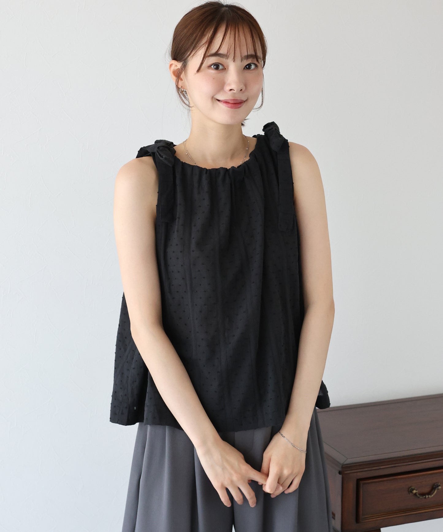 【SALE】ドットジャガードリボンブラウス
