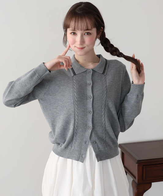 【早割5％OFF】ポロ襟ケーブルニットカーディガン
