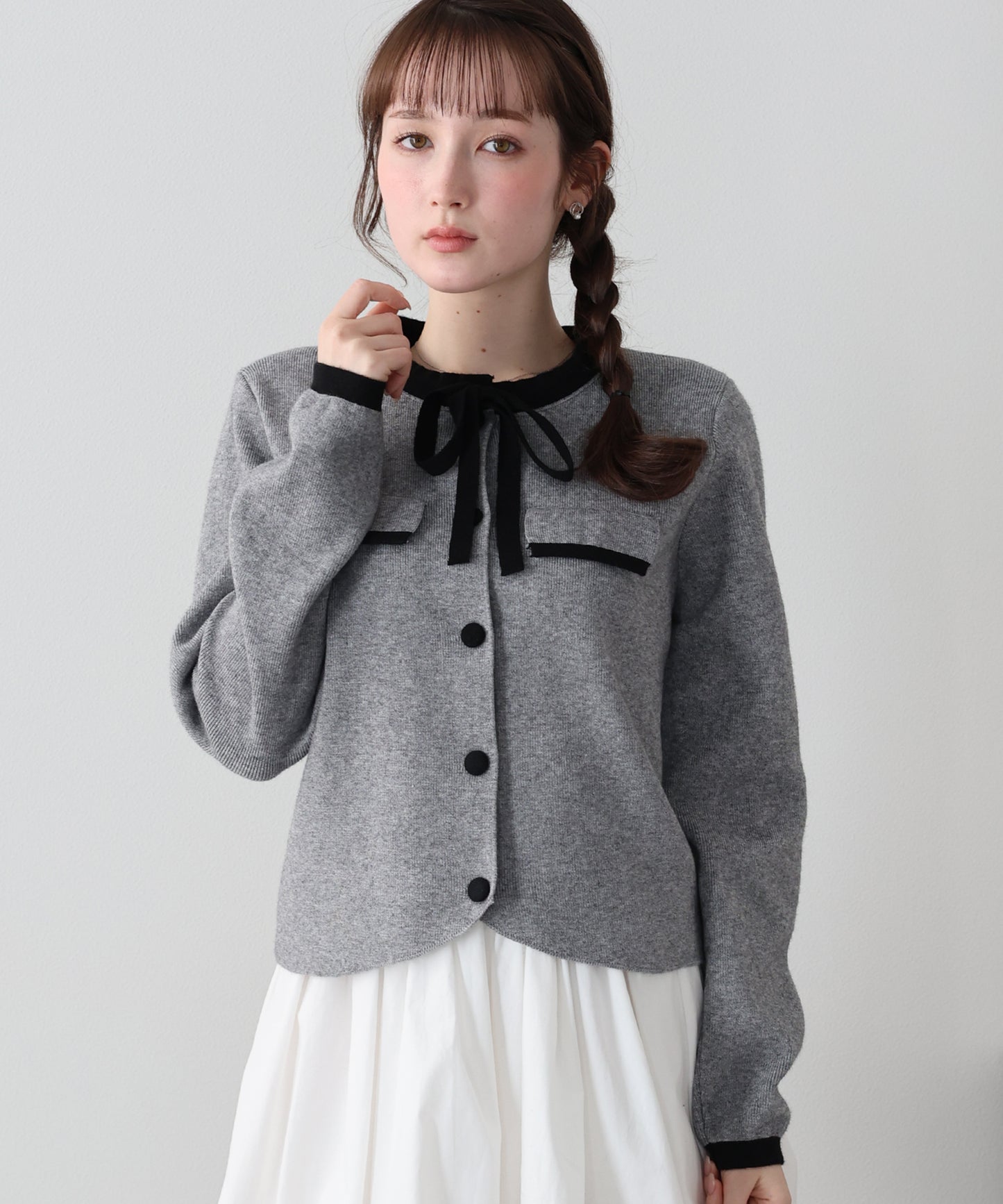 配色リボンカーディガン