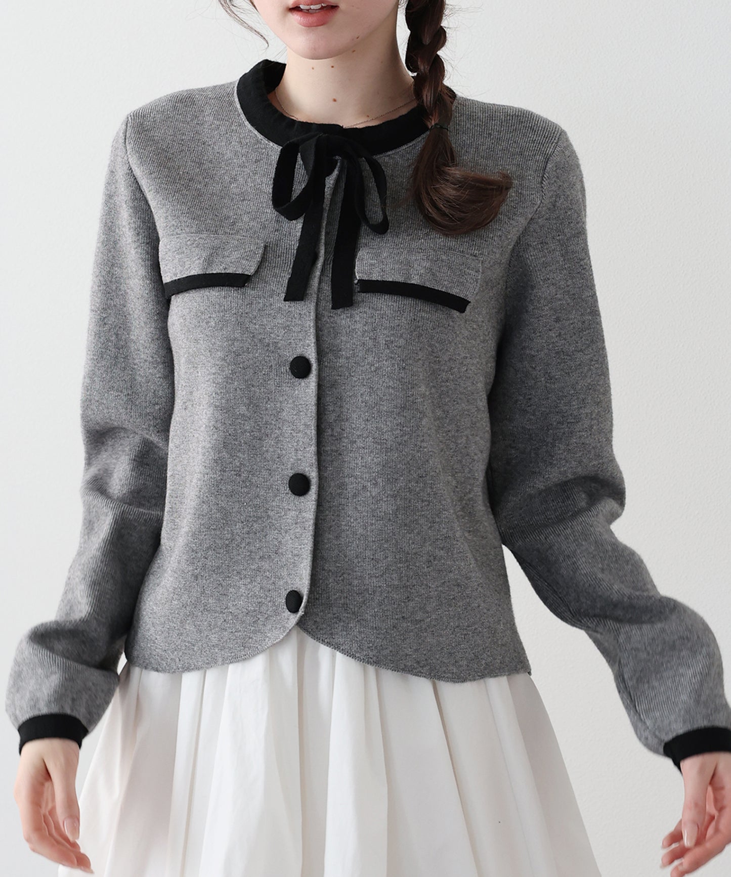 配色リボンカーディガン