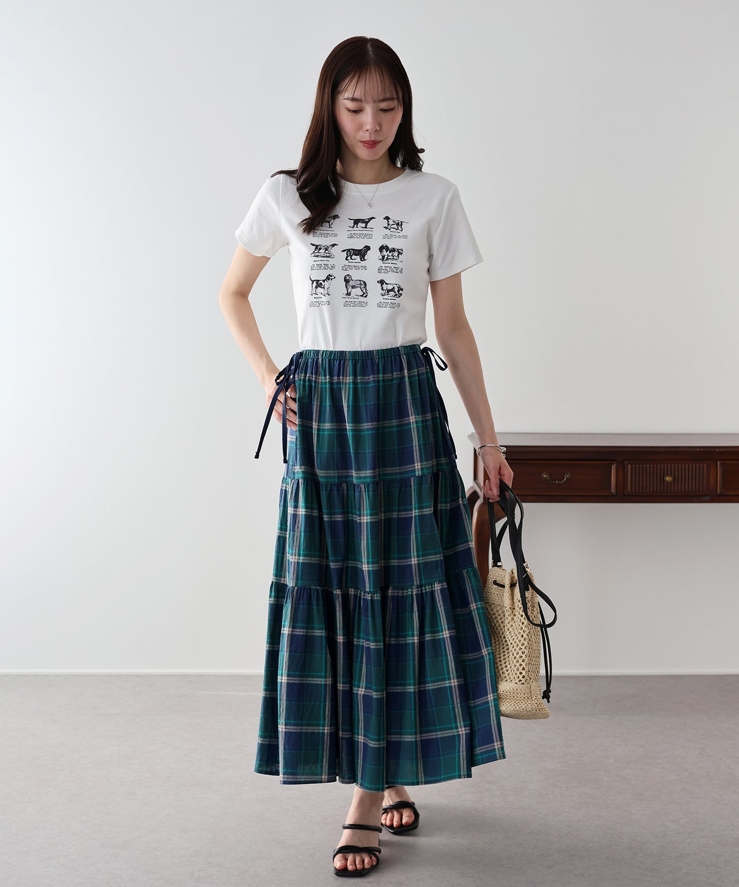 チェック柄サイドリボンティアードスカート