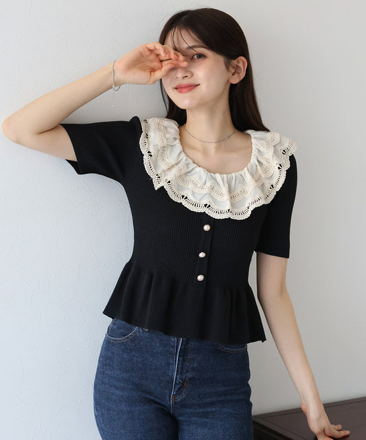 【TIME SALE】エンブロイダリーレース半袖ペプラムニット