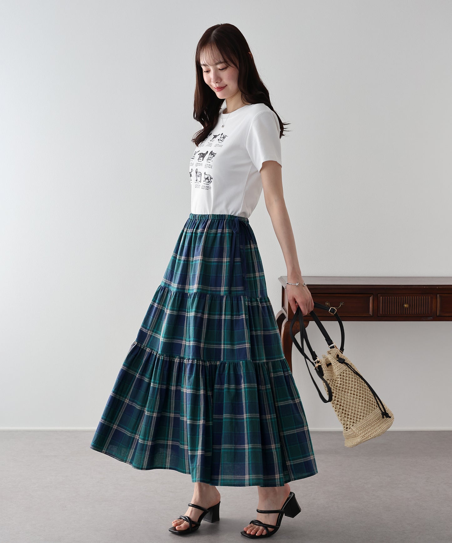 チェック柄サイドリボンティアードスカート