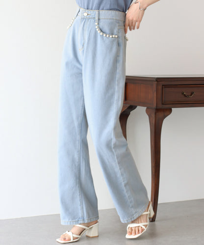 진주가있는 하이 웨스트 데님 바지