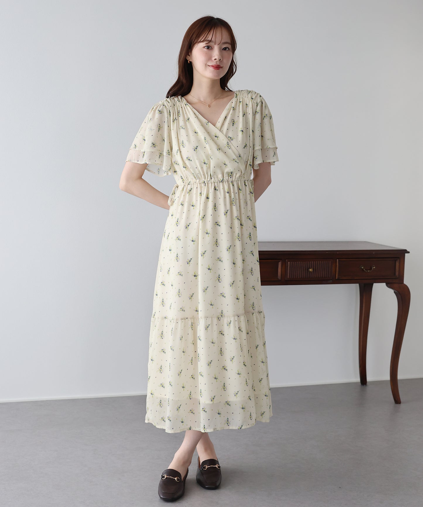 《選べる着丈》シフォンプリントカシュクールワンピース